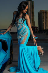 Trendy Blue Mermaid Sleeveless Crystal Sexy Prom Dress